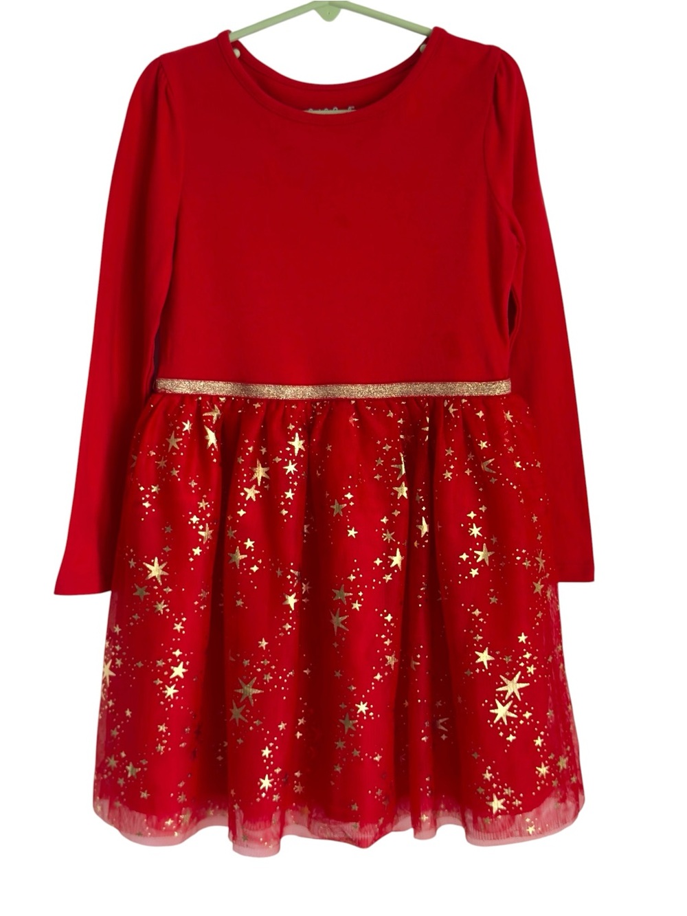 Cat & Jack Girls Small 6/6X Red Long Sleeve Tiered Tulle Gold Star Dress